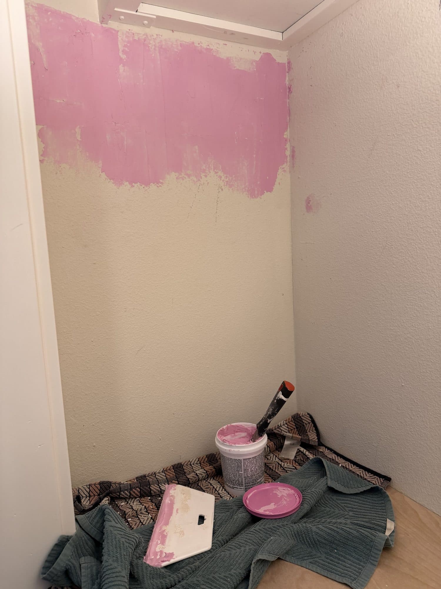 Pink spackle spread over the back wall