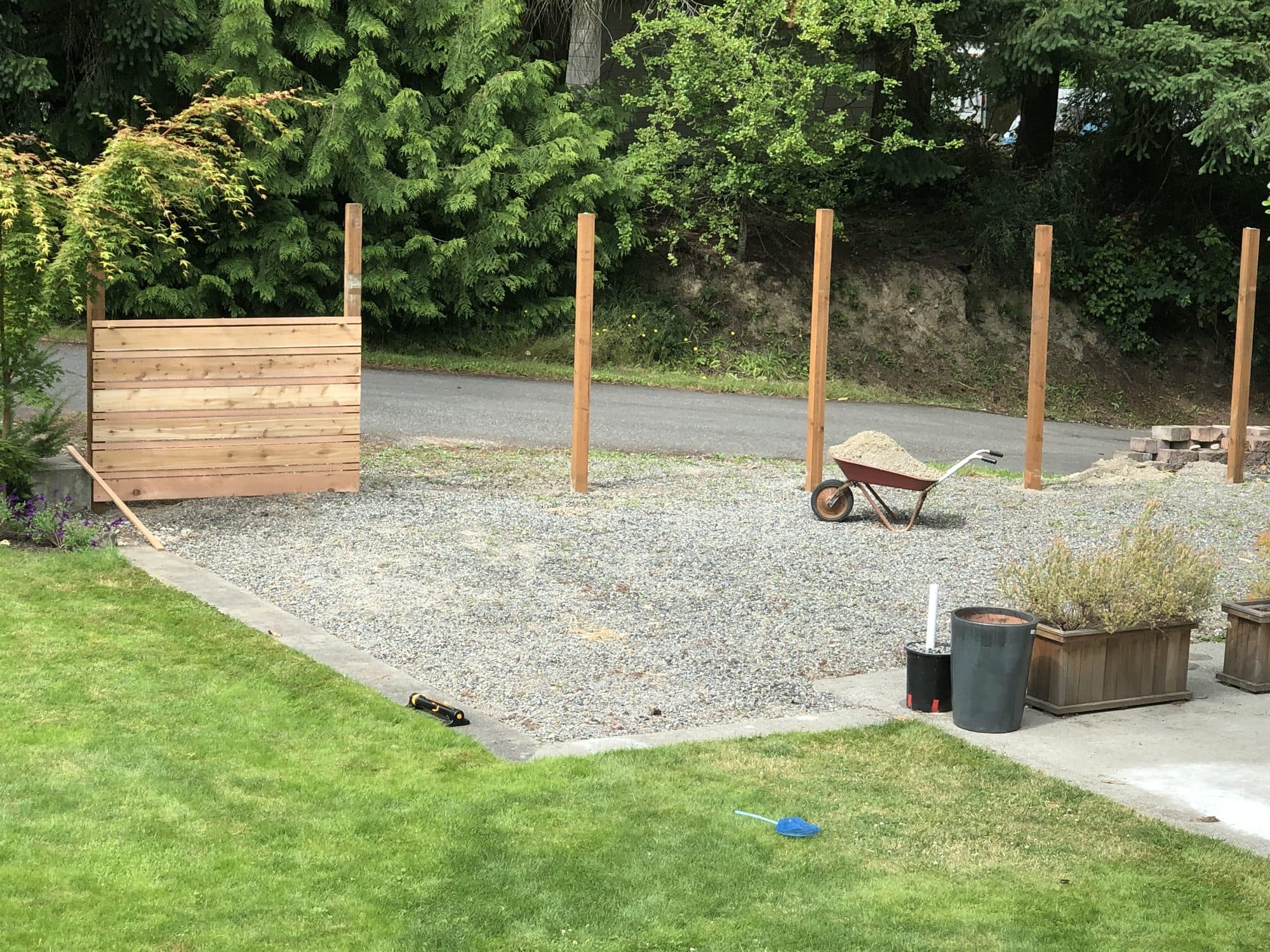 The first panel of horizontal boards in place