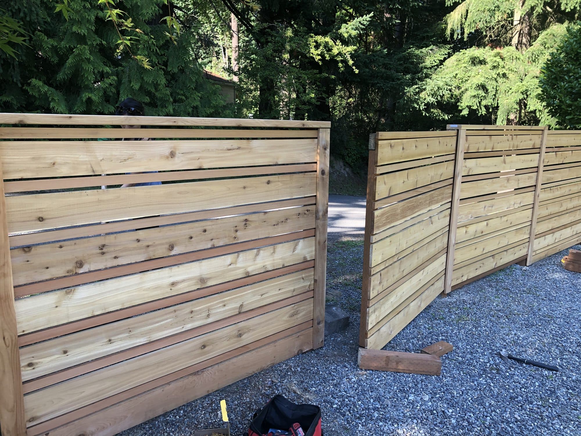 Close view of the horizontal cedar boards and their spacing