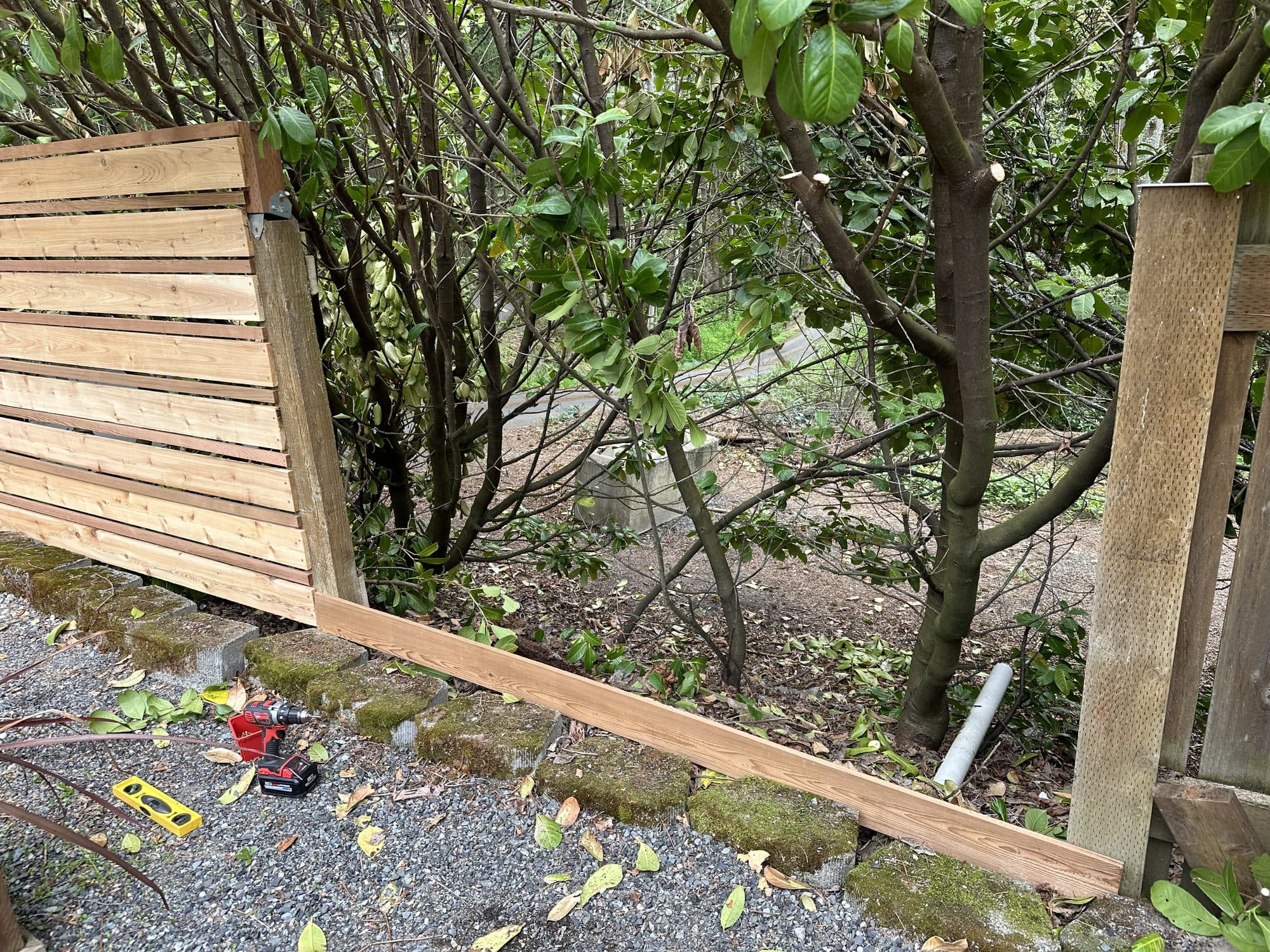 The fence continuing around the corner of the yard