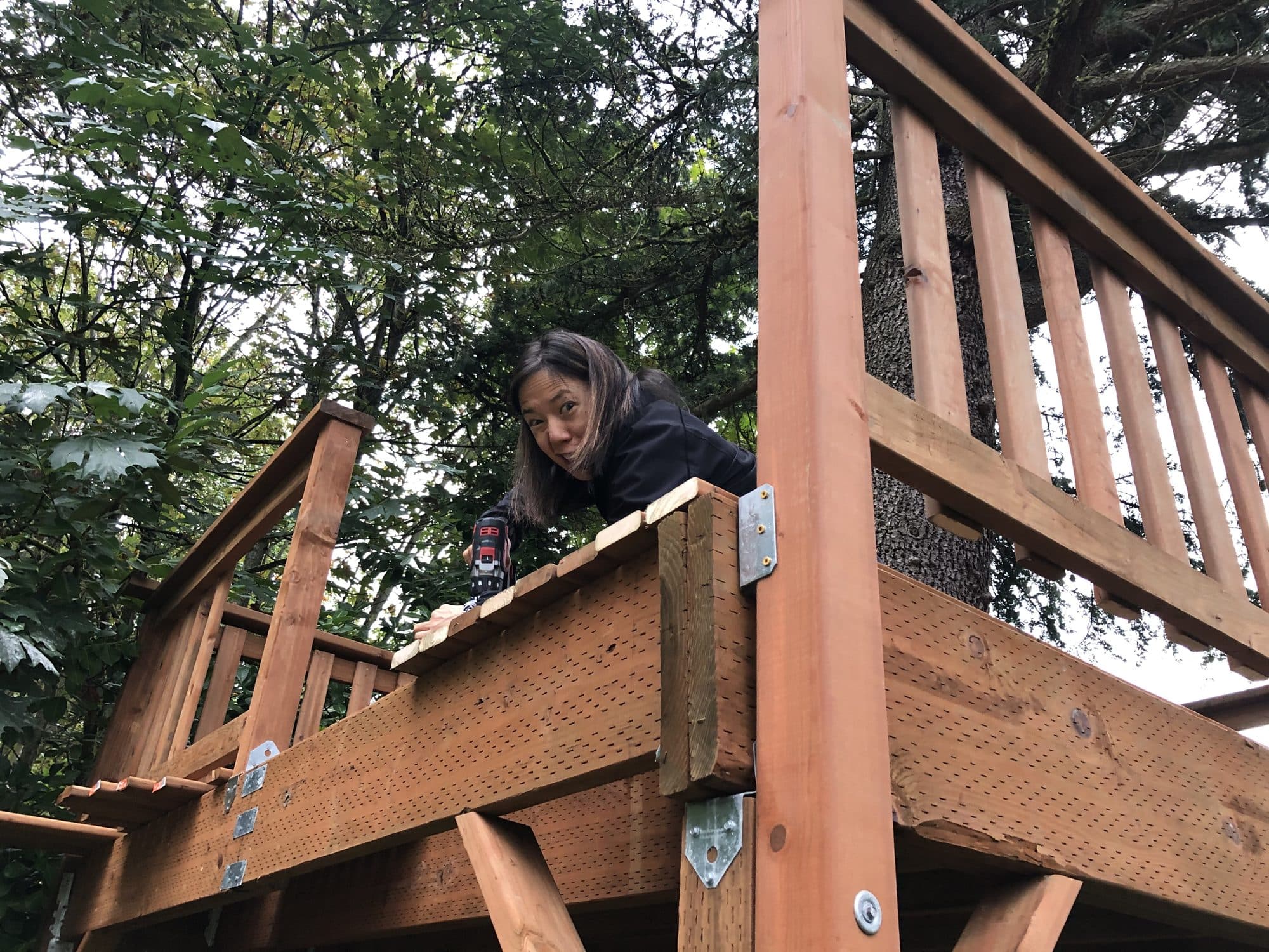 Railings being fitted to the deck