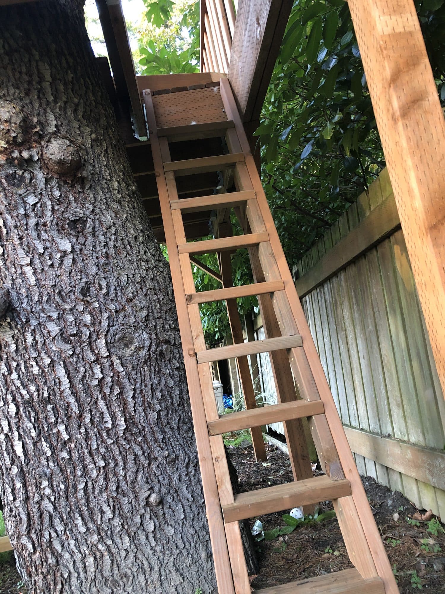 The custom wood ladder leading up to the platform