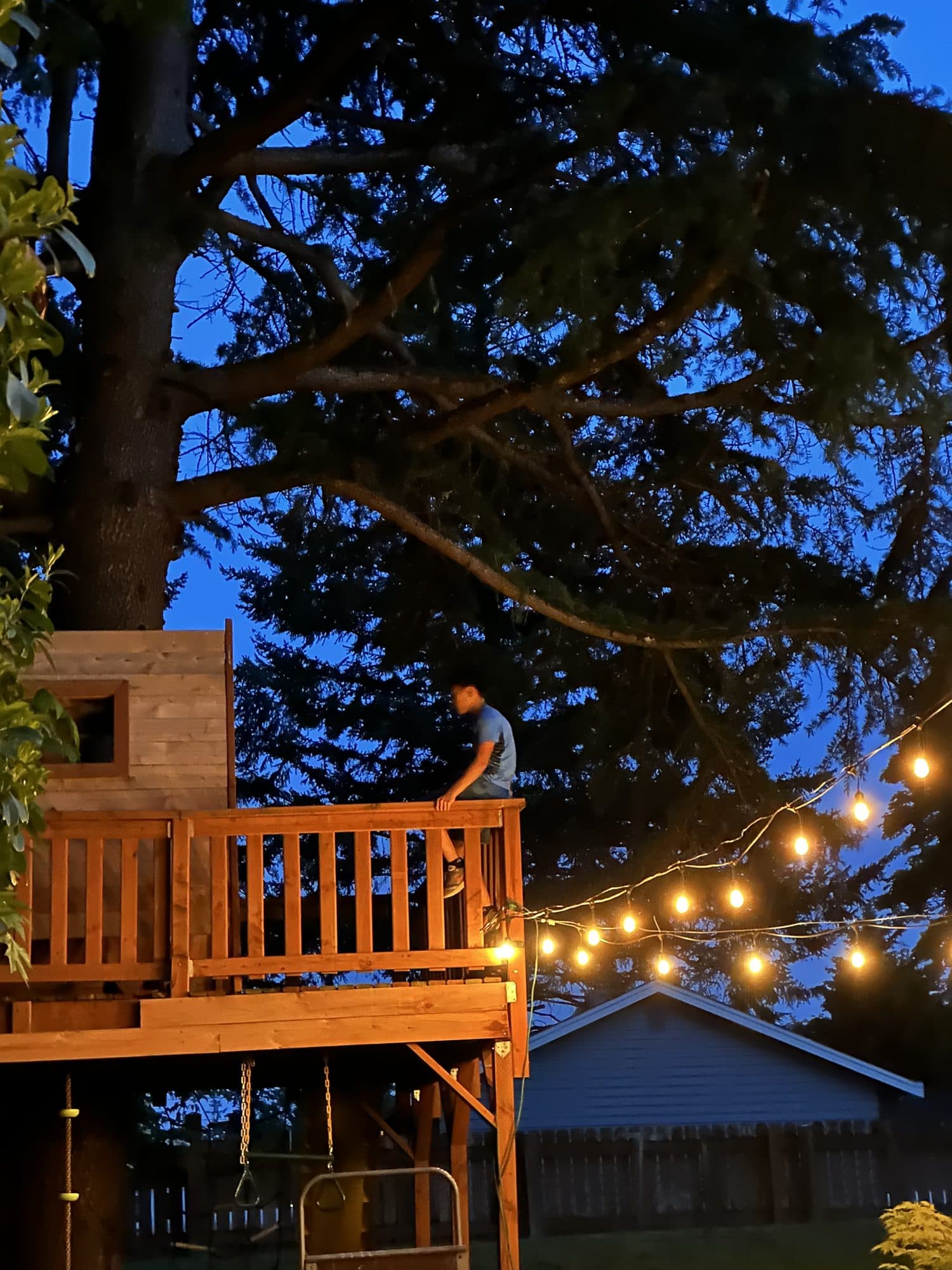 The tree house lit with string lights at dusk